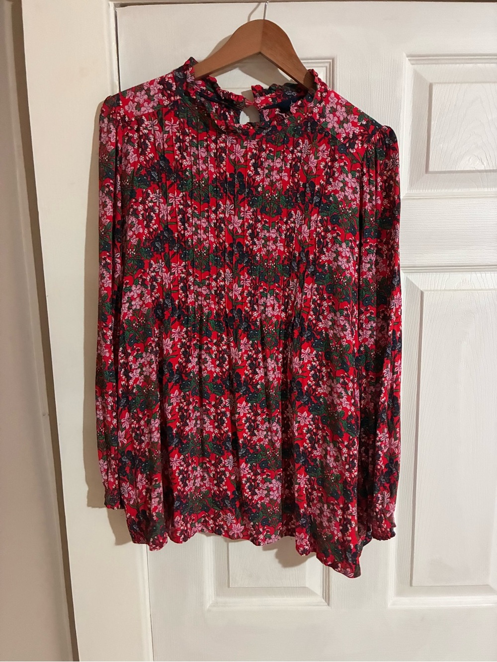 Joules Red and Pink Floral Pleated Ruffled Neck Blouse